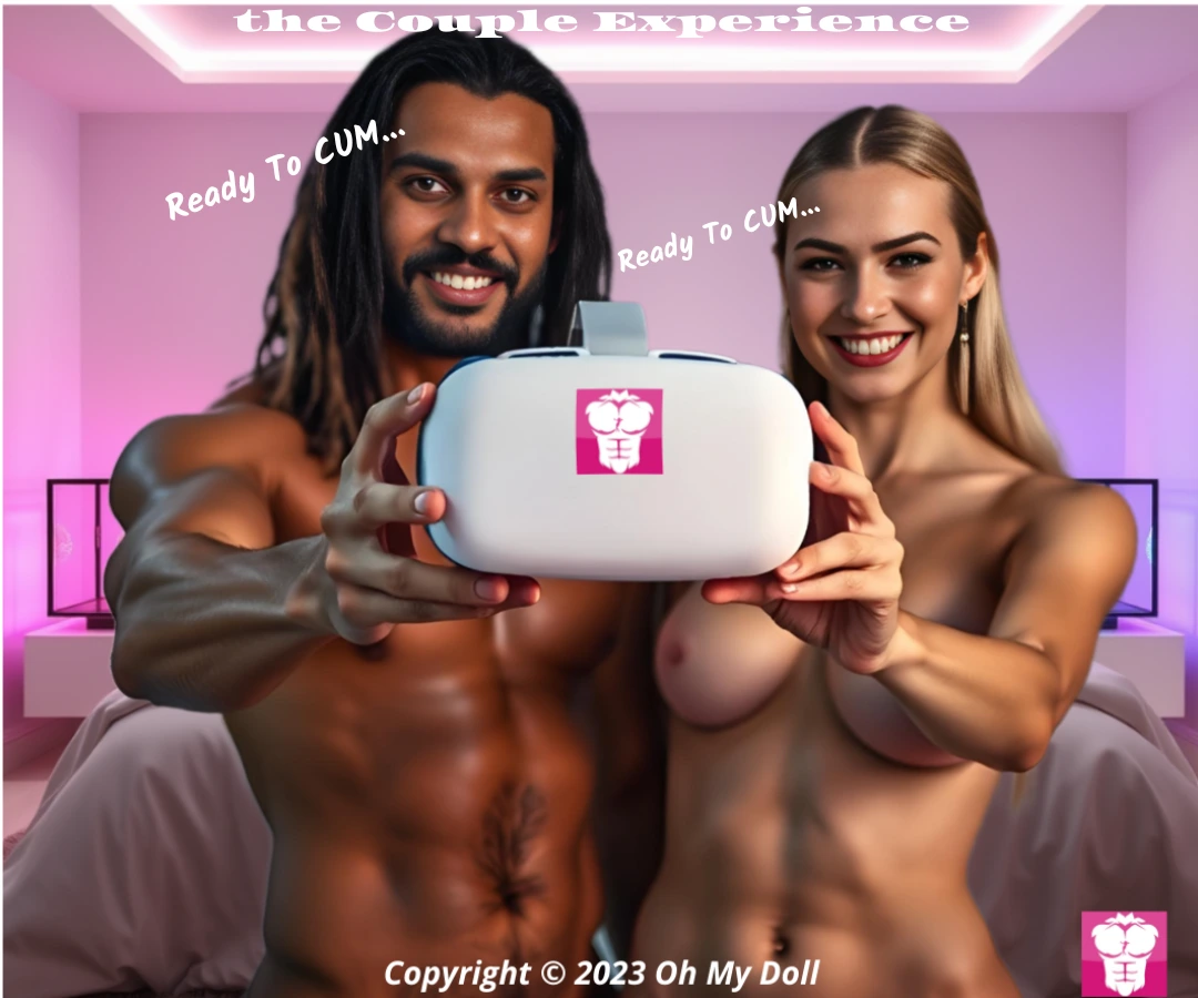 A man and woman holding a virtual reality headset, offering sexual experiences