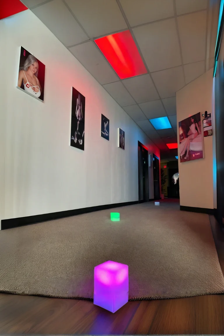 Stylish hallway inside Oh My Doll Edmonton escorts spa with erotic artwork, red and blue lighting, welcoming Alberta locals and tourists.