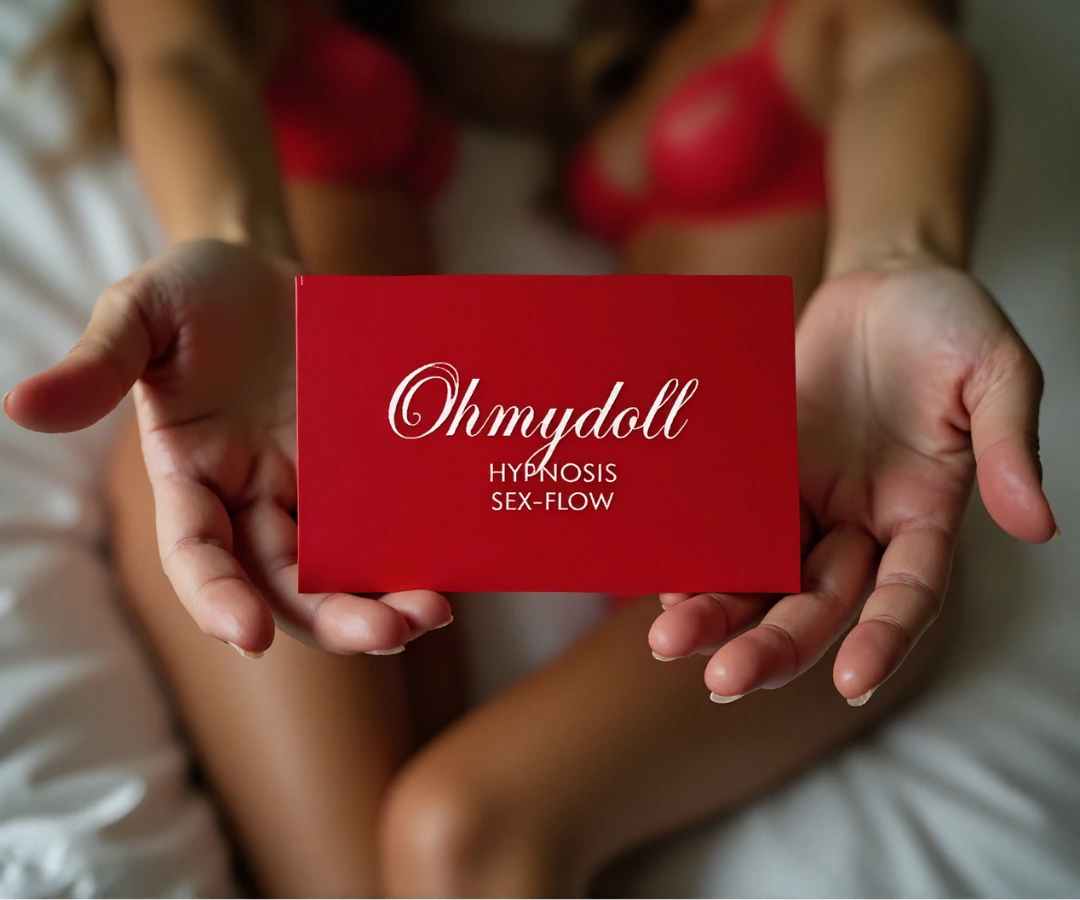 Two women in red lingerie hold a red card reading “Ohmydoll – Hypnosis Sex-Flow” with their hands extended toward the viewer.