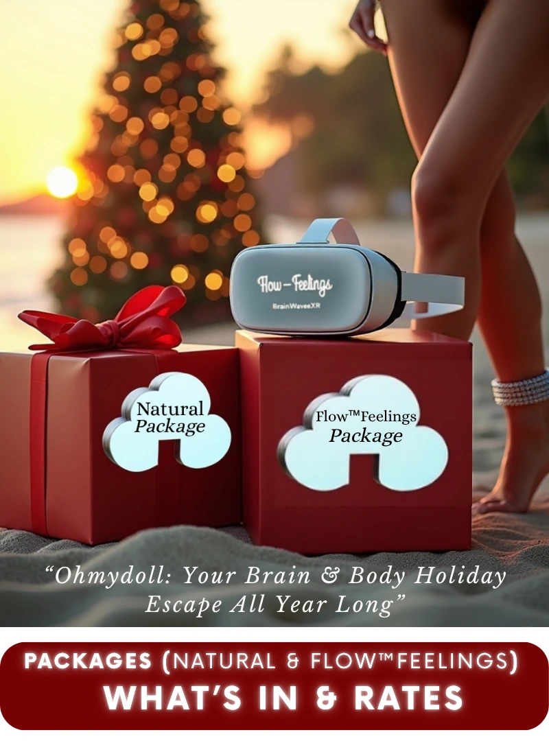 Christmas beach scene with VR headset and gift boxes labeled Natural and Flow™Feelings Package by Ohmydoll