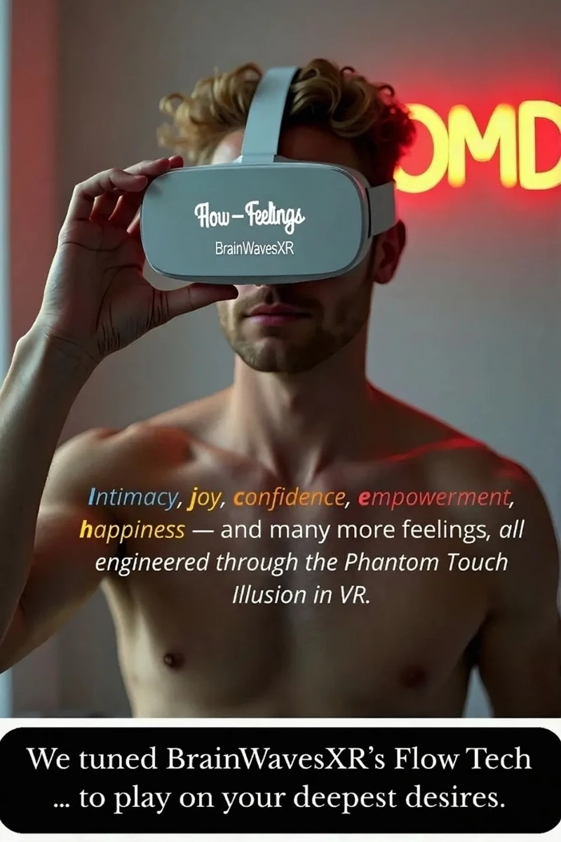 Man with Flow-Feelings VR headset by BrainWavesXR, bathed in sensual light, showcasing Ohmydoll’s emotion-driven tech
