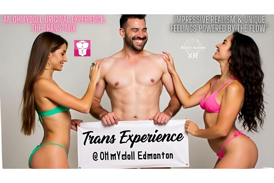 Shirtless man smiling between two women in bikinis promoting Trans Experience at OhMyDoll Edmonton