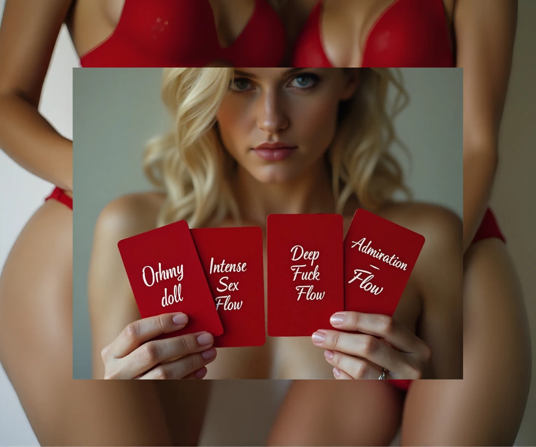 Blonde woman holding four red cards with white script text, each representing a different erotic flow theme.