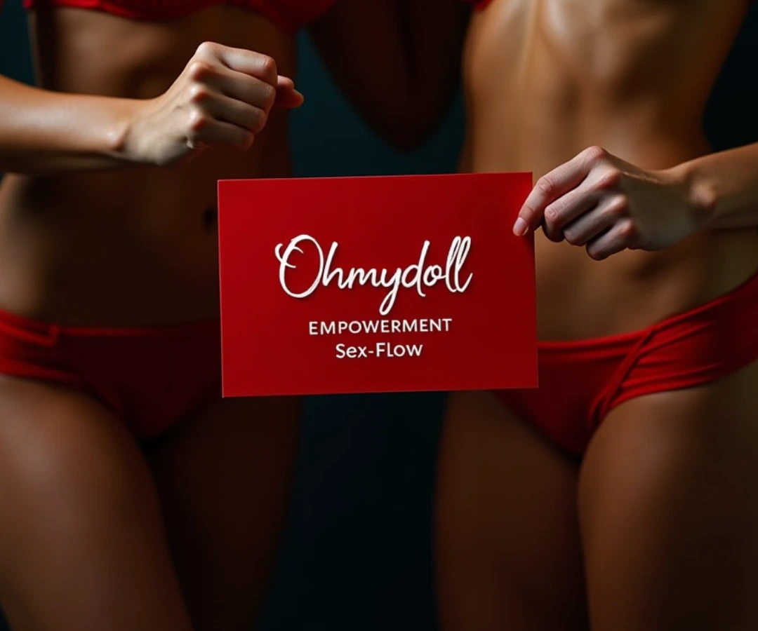Two women in red lingerie holding a red card that reads “Ohmydoll – Empowerment Sex-Flow” in elegant white script.