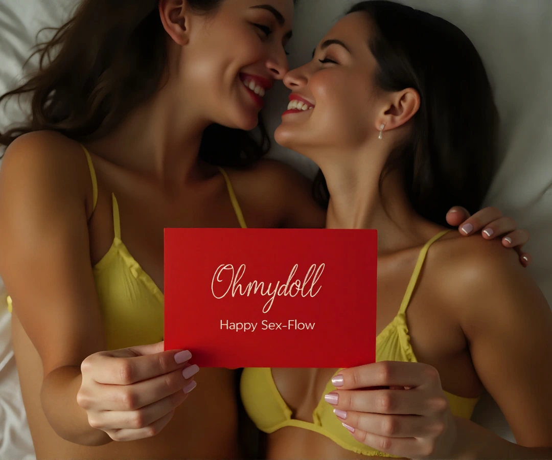 Two smiling women in yellow lingerie cuddle on a bed, holding a red card that reads Ohmydoll – Happy Sex-Flow.