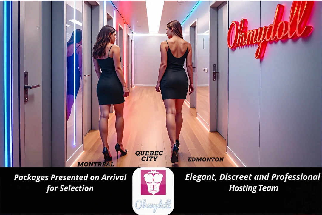 Two female hostesses in black dresses walking in Ohmydoll spa hallway, Quebec City, Montreal, Edmonton locations