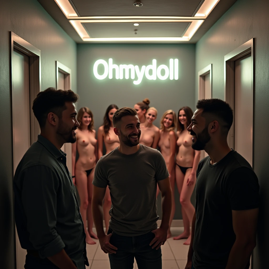 Three men laughing in a modern hallway at Ohmydoll™, with nude women behind them under glowing LED lights.