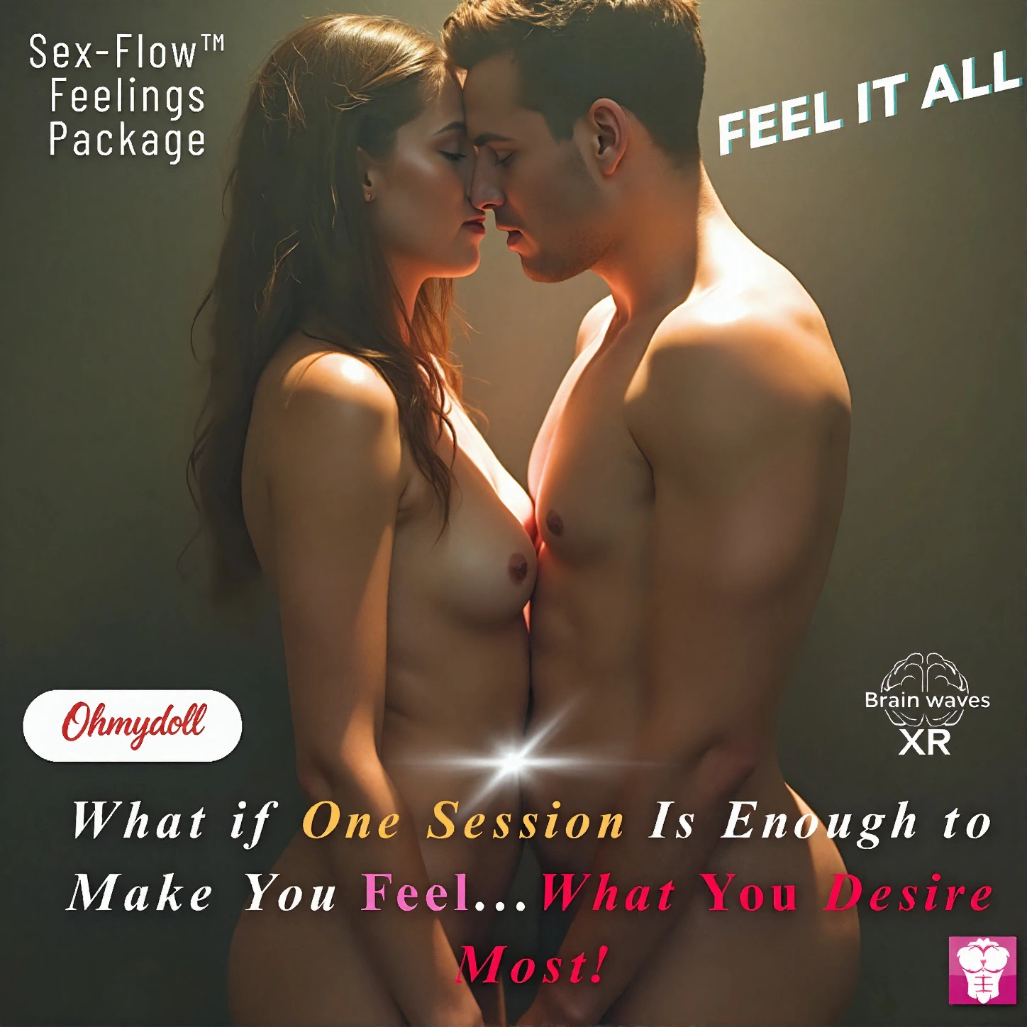 Sensual couple embracing nude, promoting Ohmydoll™ Sex-Flow™ Feelings Package immersive erotic spa in Edmonton