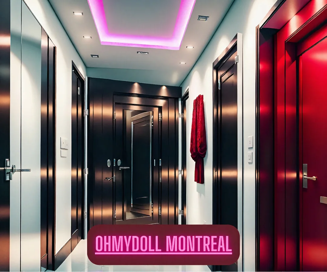 Couloir moderne à l'intérieur d'Ohmydoll Montréal avec éclairage rose néon et cabines privées pour des séances de plaisir immersives et sécurisées.