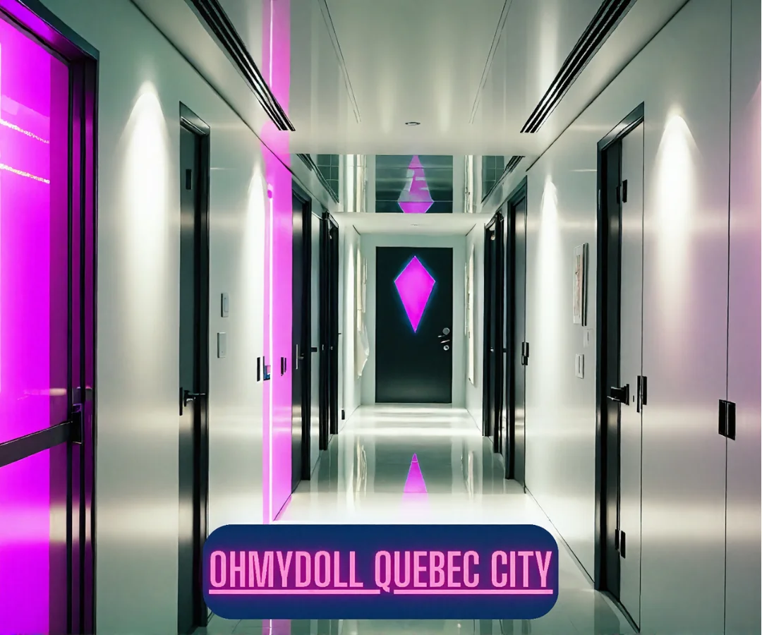 Couloir moderne éclairé au néon à l'intérieur d'Ohmydoll Québec City, avec des chambres privées et un aménagement propre et discret pour des séances de plaisir immersives.