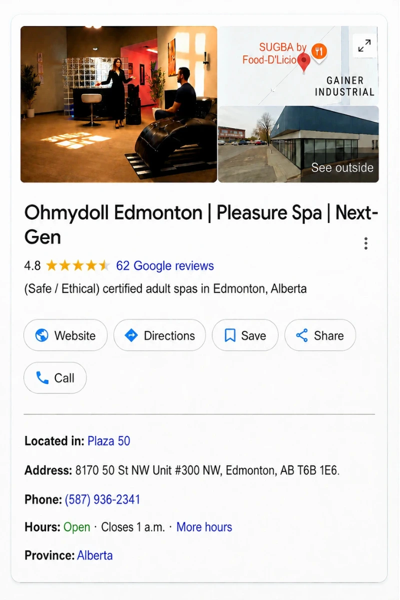 Profil Google Business d'Ohmydoll Edmonton présentant le spa pour adultes nouvelle génération, sa note, les avis et les informations de localisation.